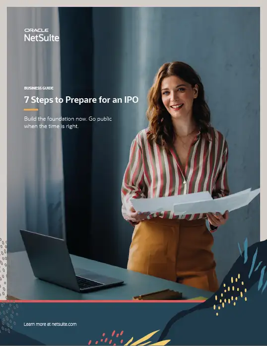 7 Steps to Prepare for an IPO business guide cover from Oracle NetSuite: a smiling woman in a striped blouse holding papers beside a laptop