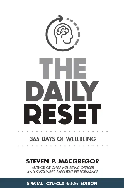 The Daily Reset: 365 Days of Wellbeing cover by Steven P. MacGregor, special Oracle NetSuite edition, with a head-and-brain refresh icon