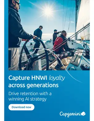 Capture HNWI loyalty across generations cover from Capgemini – “Drive retention with a winning AI strategy” – above a photo of people sailing a yacht in bright sunshine