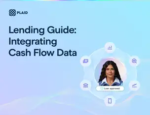 Lending Guide: Integrating Cash Flow Data cover from Plaid: a woman’s portrait ringed by finance icons and a “Loan approved” badge on a soft blue gradient