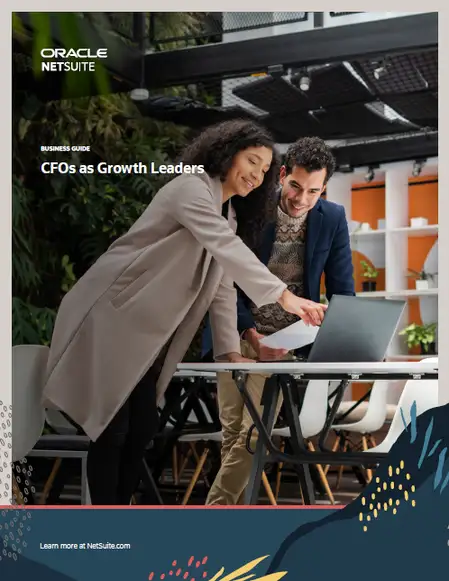 CFOs as Growth Leaders business guide cover from Oracle NetSuite: colleagues gathered around a laptop in a modern office