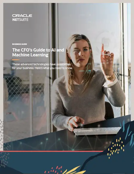 The CFO’s Guide to AI and Machine Learning business guide cover from Oracle NetSuite: a woman at a keyboard reaching toward a screen